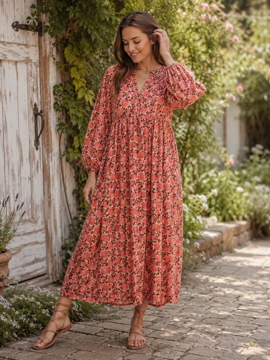 house of sundar Dresses & Skirts - House of Sundar Dress Floral Cotton Boho Cottage Midi Size Medium NWoT Orange
